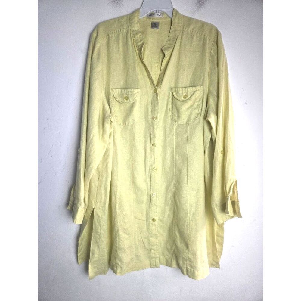Edward Women Yellow 100% Linen Button Down Tunic Band Collar Blouse size 2X